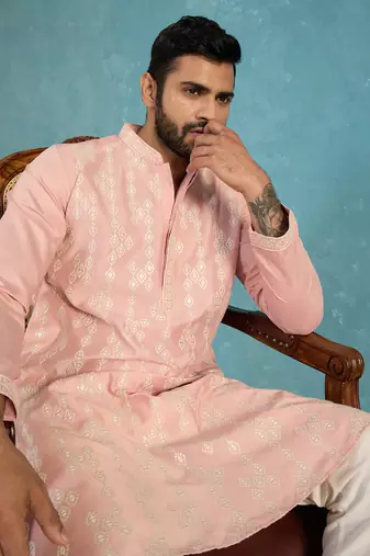 Mens pink silk blend solid embroidered kurta with trousers