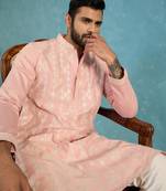 Mens pink silk blend solid embroidered kurta with trousers