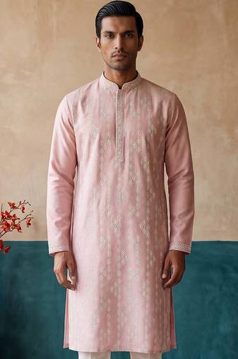 Mens pink silk blend solid embroidered kurta with trousers