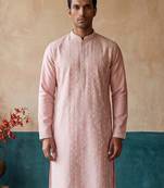 Mens pink silk blend solid embroidered kurta with trousers