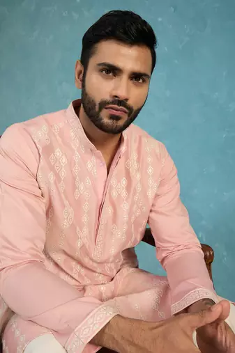 Mens pink silk blend solid embroidered kurta with trousers