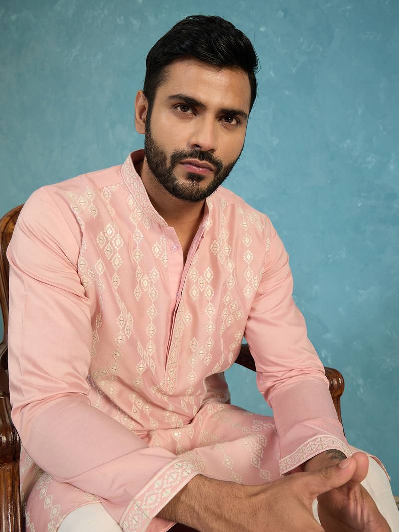 Mens pink silk blend solid embroidered kurta with trousers