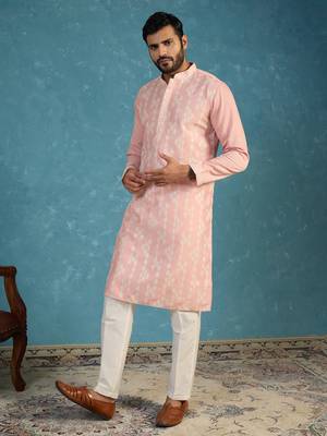Mens pink silk blend solid embroidered kurta with trousers 3