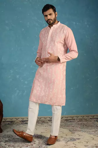 Mens pink silk blend solid embroidered kurta with trousers