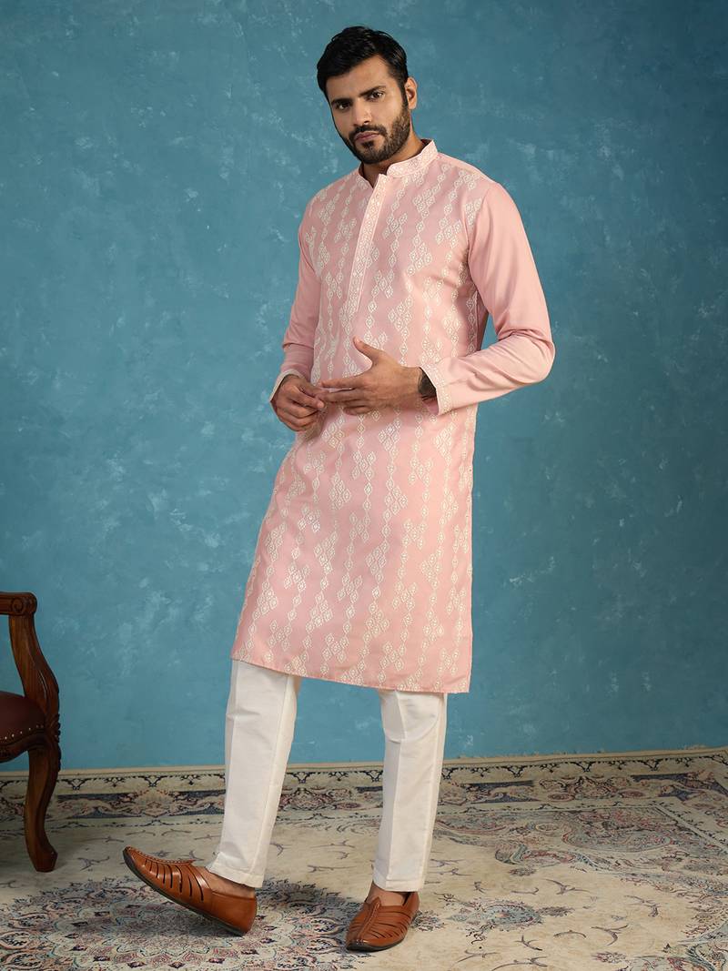 Mens pink silk blend solid embroidered kurta with trousers