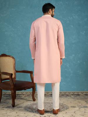 Mens pink silk blend solid embroidered kurta with trousers 4