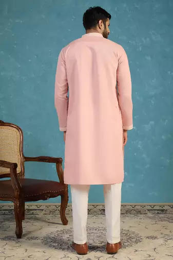 Mens pink silk blend solid embroidered kurta with trousers