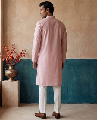 Mens pink silk blend solid embroidered kurta with trousers 4
