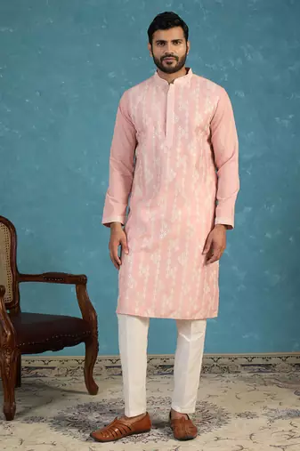 Mens pink silk blend solid embroidered kurta with trousers
