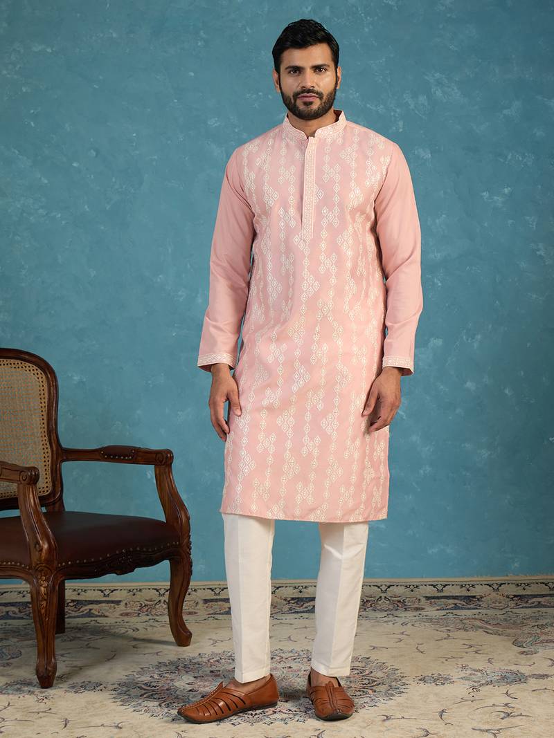 Mens pink silk blend solid embroidered kurta with trousers