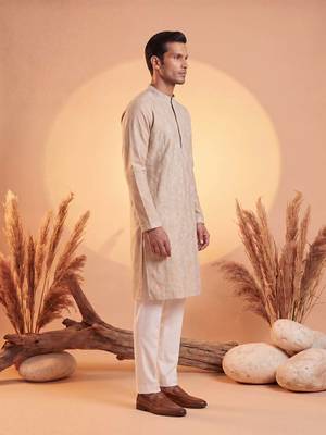 Mens beige silk blend solid embroidered kurta with trousers 3