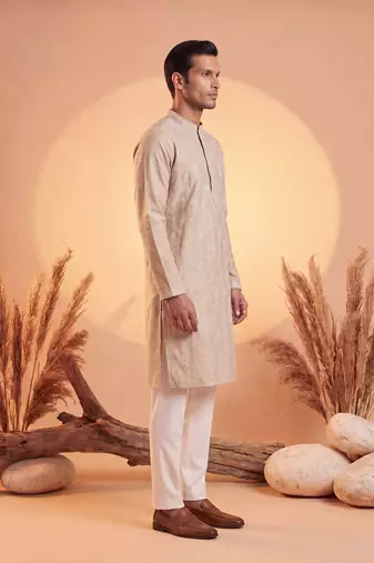 Mens beige silk blend solid embroidered kurta with trousers