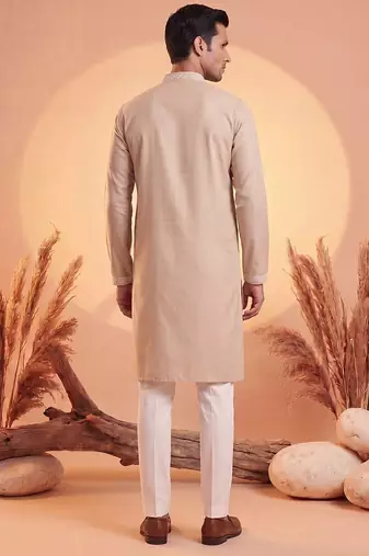 Mens beige silk blend solid embroidered kurta with trousers