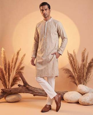 Mens beige silk blend solid embroidered kurta with trousers 5
