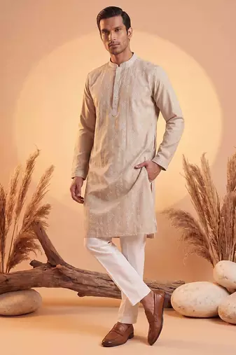 Mens beige silk blend solid embroidered kurta with trousers