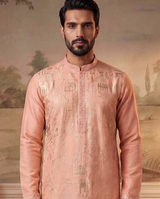 Mens peach viscose rayon solid embroidered kurta with trousers 2