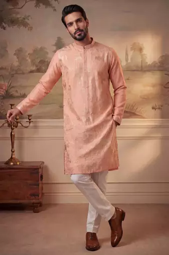 Mens peach viscose rayon solid embroidered kurta with trousers