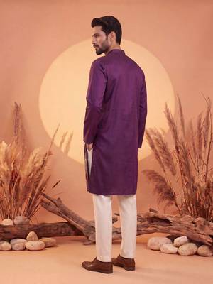 Mens violet silk blend solid embroidered kurta with trousers 4