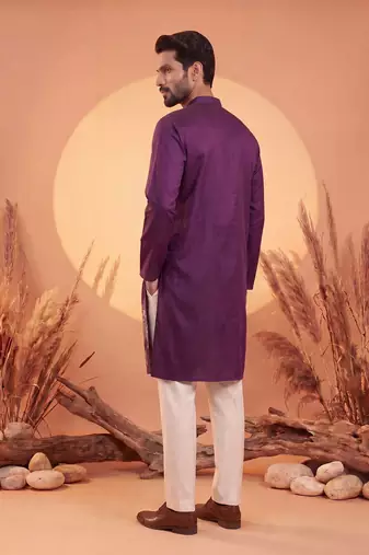 Mens violet silk blend solid embroidered kurta with trousers