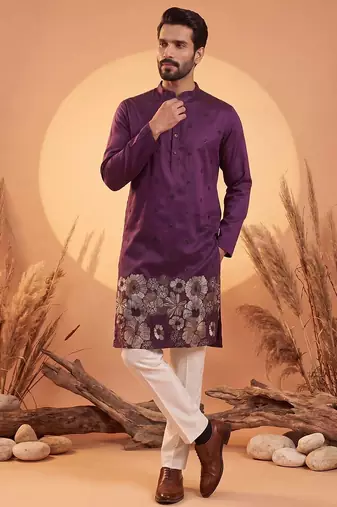 Mens violet silk blend solid embroidered kurta with trousers