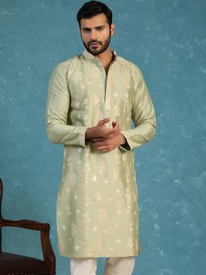 Mens green silk blend solid embroidered kurta with trousers 1