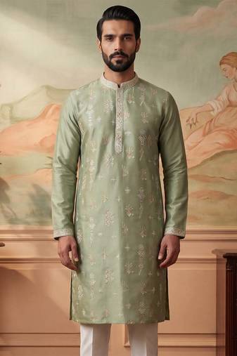 Mens green silk blend solid embroidered kurta with trousers