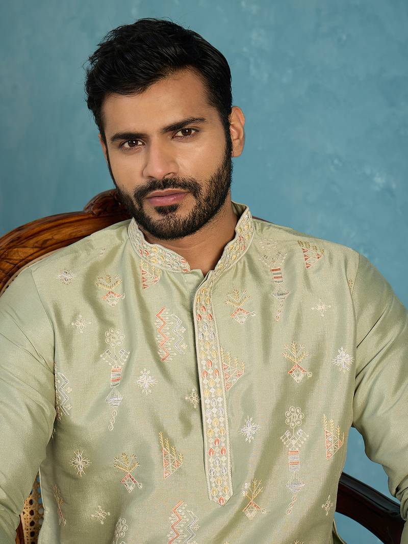 Mens green silk blend solid embroidered kurta with trousers