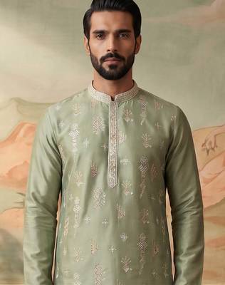 Mens green silk blend solid embroidered kurta with trousers 2