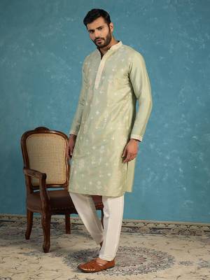 Mens green silk blend solid embroidered kurta with trousers 3