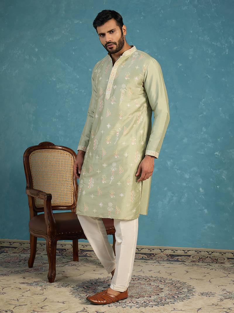 Mens green silk blend solid embroidered kurta with trousers