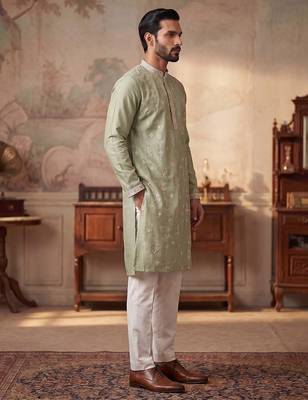 Mens green silk blend solid embroidered kurta with trousers 3