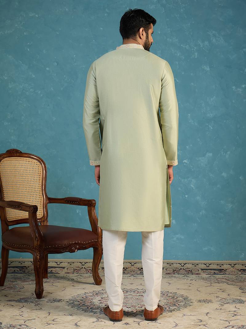 Mens green silk blend solid embroidered kurta with trousers