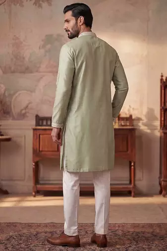 Mens green silk blend solid embroidered kurta with trousers