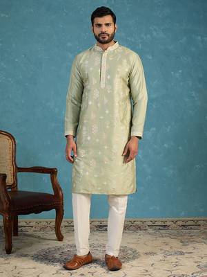 Mens green silk blend solid embroidered kurta with trousers 5
