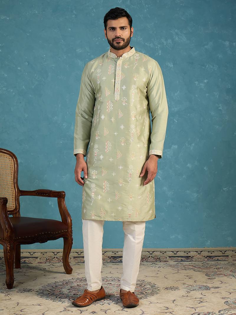 Mens green silk blend solid embroidered kurta with trousers