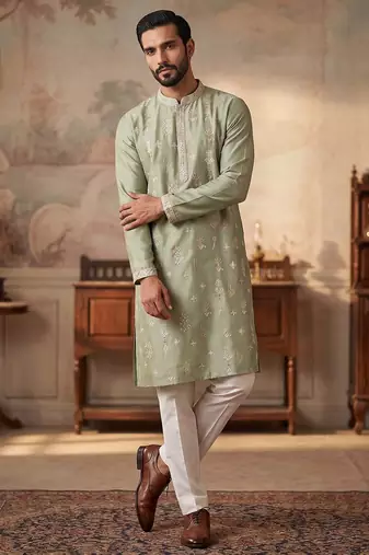 Mens green silk blend solid embroidered kurta with trousers