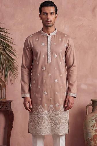 Mens pink silk blend solid embroidered kurta with trousers