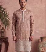 Mens pink silk blend solid embroidered kurta with trousers