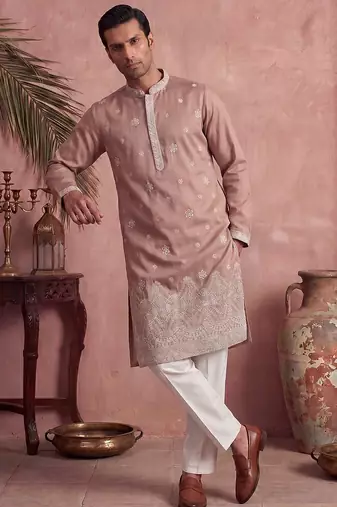 Mens pink silk blend solid embroidered kurta with trousers