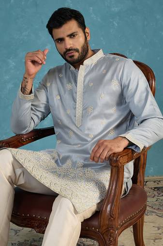 Mens blue silk blend solid embroidered kurta with trousers
