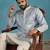 Mens blue silk blend solid embroidered kurta with trousers
