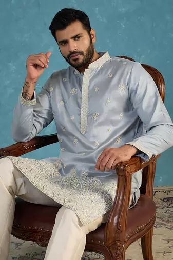 Mens blue silk blend solid embroidered kurta with trousers