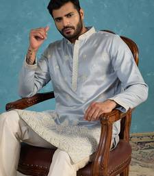 Mens blue silk blend solid embroidered kurta with trousers