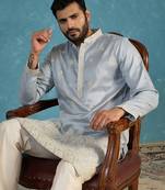 Mens blue silk blend solid embroidered kurta with trousers