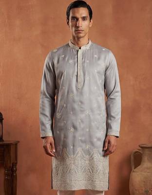 Mens blue silk blend solid embroidered kurta with trousers 1