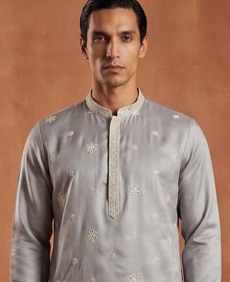 Mens blue silk blend solid embroidered kurta with trousers 2