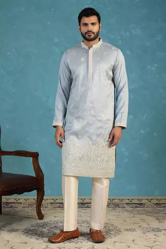 Mens blue silk blend solid embroidered kurta with trousers
