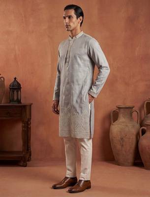 Mens blue silk blend solid embroidered kurta with trousers 3