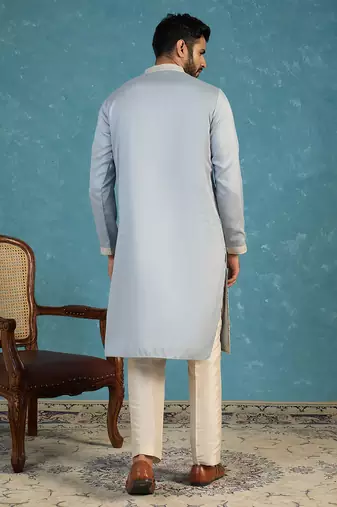 Mens blue silk blend solid embroidered kurta with trousers