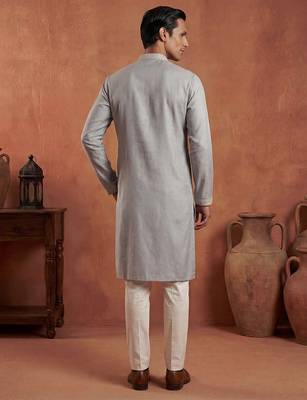 Mens blue silk blend solid embroidered kurta with trousers 4